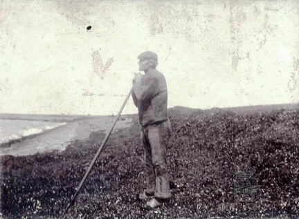 PI-00151 Johannes de Vries aan het zeewier drogen.